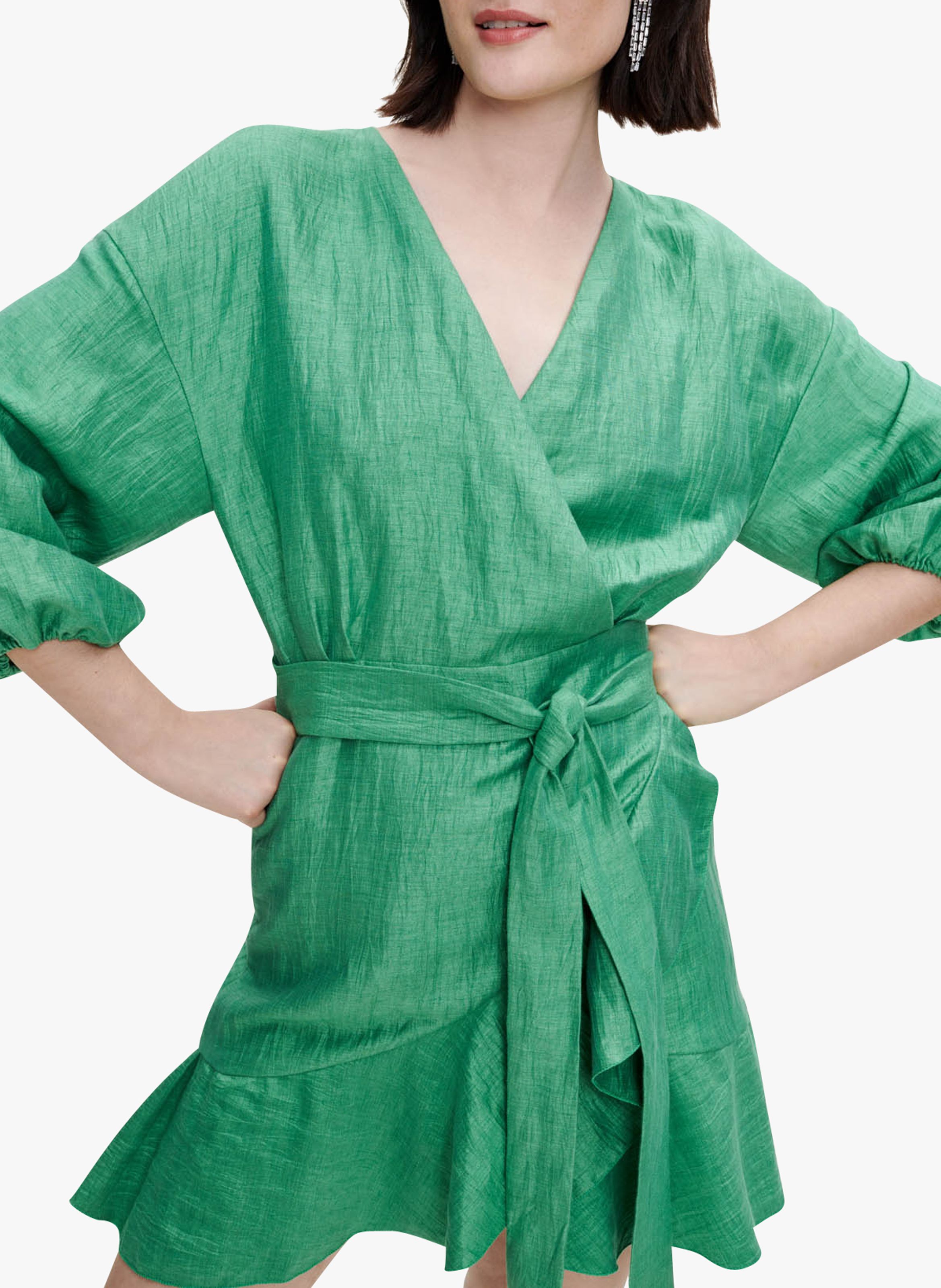 Short Linen-blend Wrap Dress Vert Maje ...